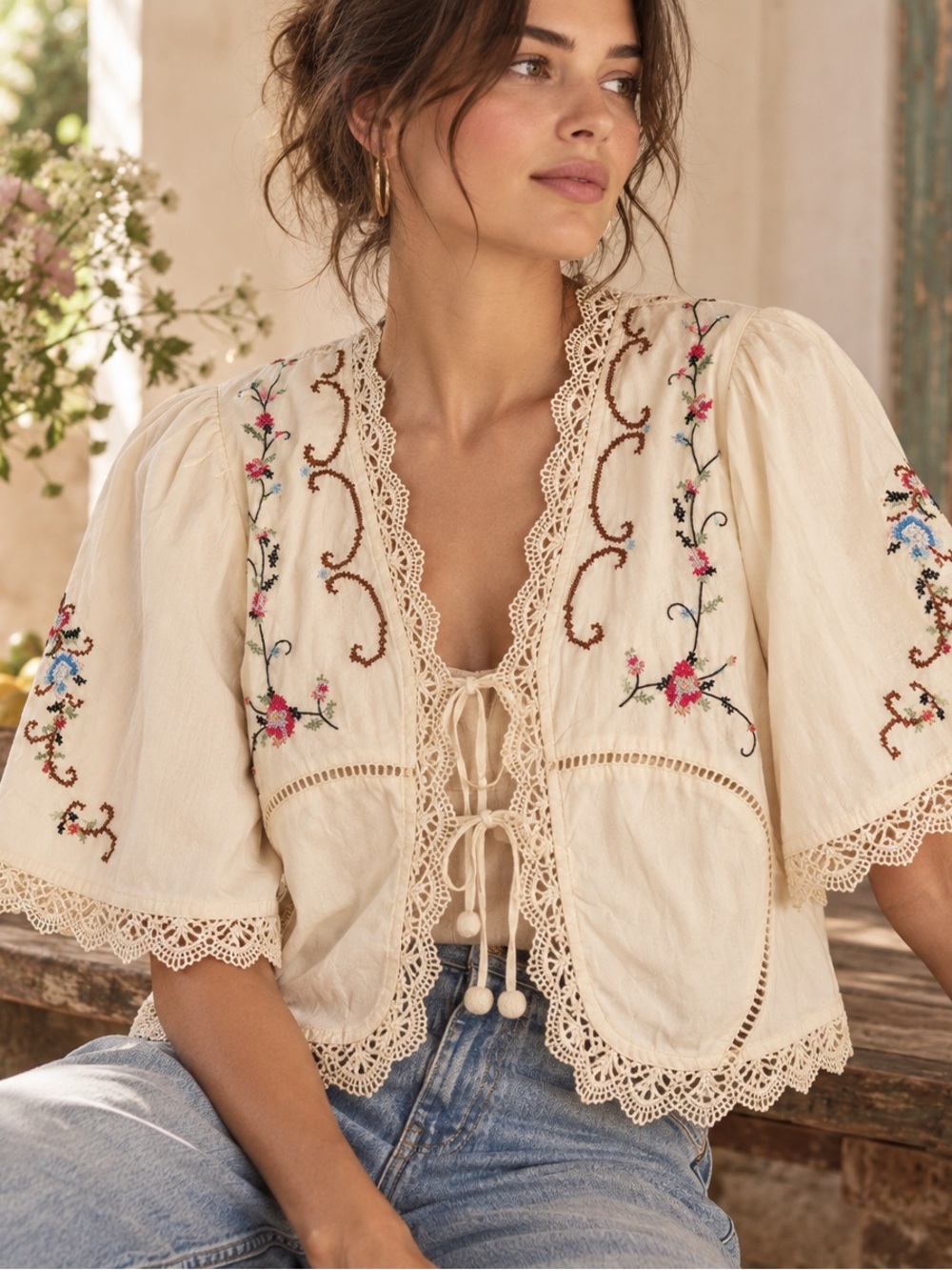 Jennifer & Grace Embroidered Lace-Trim Cropped Blouse in Cream